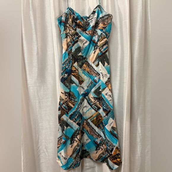 Anthropologie Blue and Green Postcard Print Midi Dress 16 - Picture 8 of 10